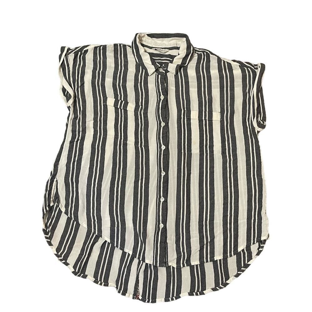 Lucky Brand Womens Split Back Blouse Large Striped Button Front Loose Fit Collar